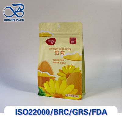 Sacs à fond plat à huit côtés avec fermeture Aroma-Lock pour l'emballage du thé, avec barrière anti-oxygène et résistance à l'humidité.