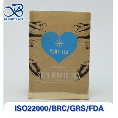 Sacs en papier kraft à huit côtés pour l'emballage de thé, recyclables et compostables, avec impression et tailles personnalisables.
